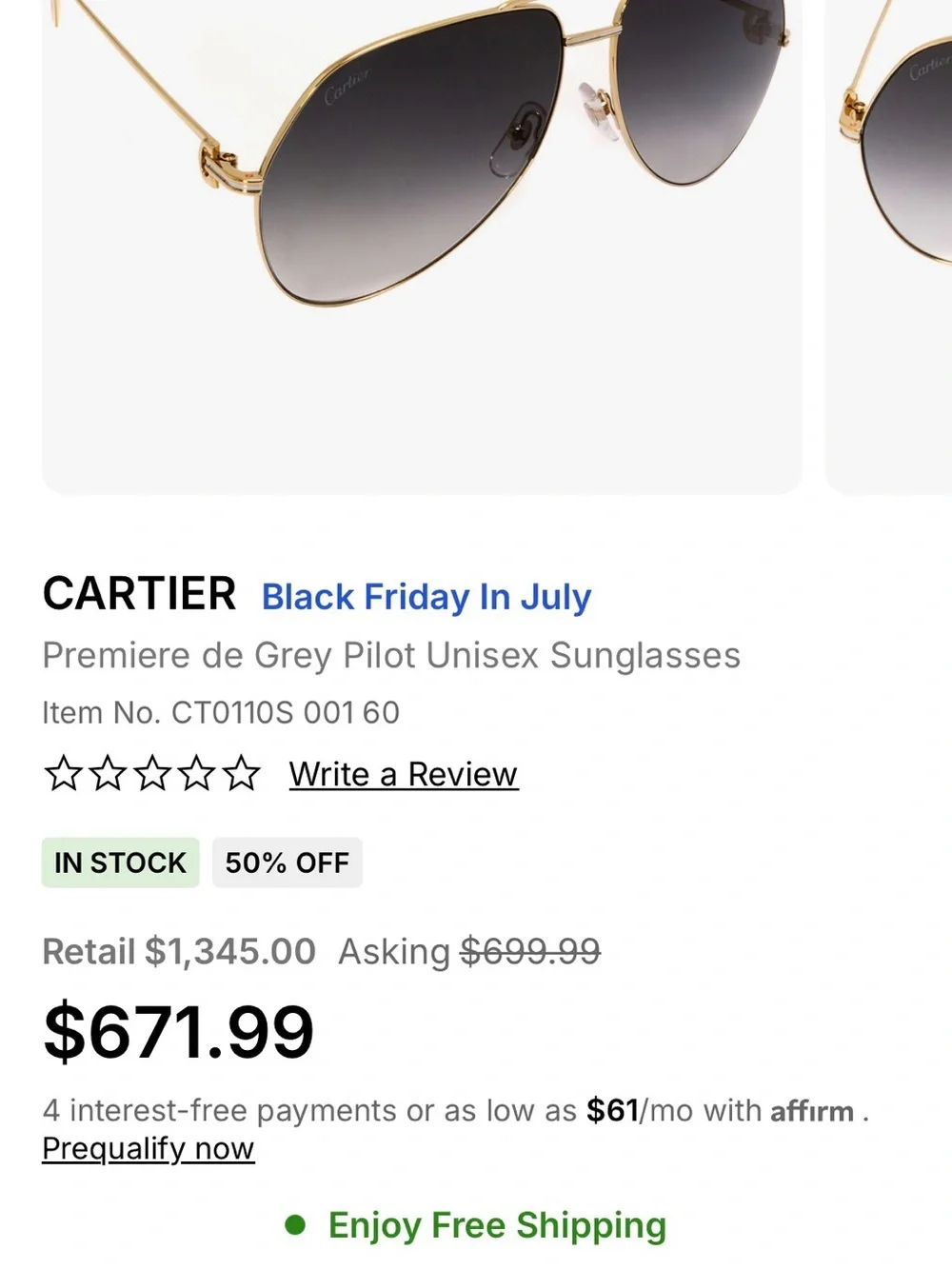 NWT Cartier Premiere de Grey Pilot Unisex Sunglasses